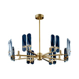 Blue Glass Oval Panel Led Chandelier Lamp With Radial Design - Postmodern 8 Bulbs Brass Hanging