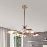 Modern Flat Dome Hanging Light With Metallic Finish - 8-Light Purple Ceiling Chandelier For Living