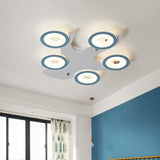 Blue Nordic Led Ceiling Light With 5 Acrylic Rings And Iron Canopy For Bedroom Flush Mount