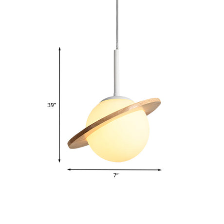 White Glass Bedside Pendant Lamp With Wood Ring - Simple Global Design