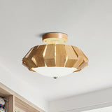 Geometric Wood Led Flush Mount Spotlight With White Glass Shade