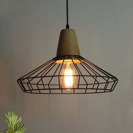 Black Metal & Wood Pendant Light Fixture - Industrial Style