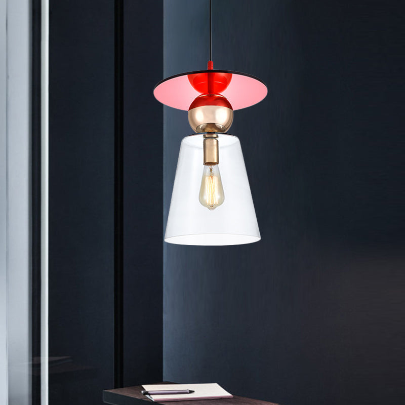 Modern Hanging Light Kit - Clear Glass Cup Shape Pendant With Red Disc Top