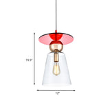 Modern Hanging Light Kit - Clear Glass Cup Shape Pendant With Red Disc Top