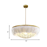 Modern White Feather Chandelier With 2 Copper Down Lights And Wire Cage 16-23.5 Wide