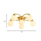 Modern Gold Flower Design 6-Head Orb Bedroom Semi Flush Ceiling Lamp With Opal Glass