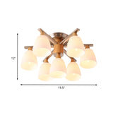 Modernist 7-Light Semi Flush Chrome And Wood Cup Ceiling Lamp With Opal Glass Shade