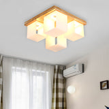 Japanese White Glass Wood Led Flush Ceiling Cube Frame Fixture - 4-Head Mount Lighting