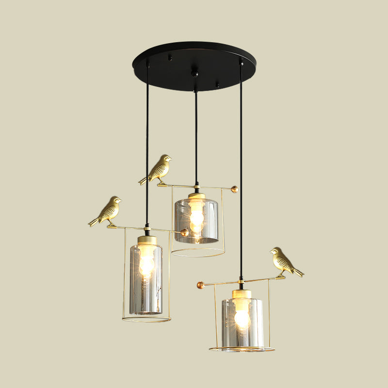 Cream/Smoke Gray Glass Dining Room Pendant With 3 Bulbs - Modern Suspension Lamp Gold Bird