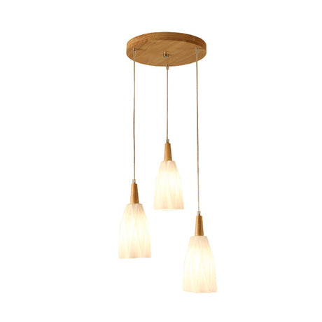 Japanese 3-Light Glass Pendant With Prismatic Cluster In White Hangs From Wood Canopy