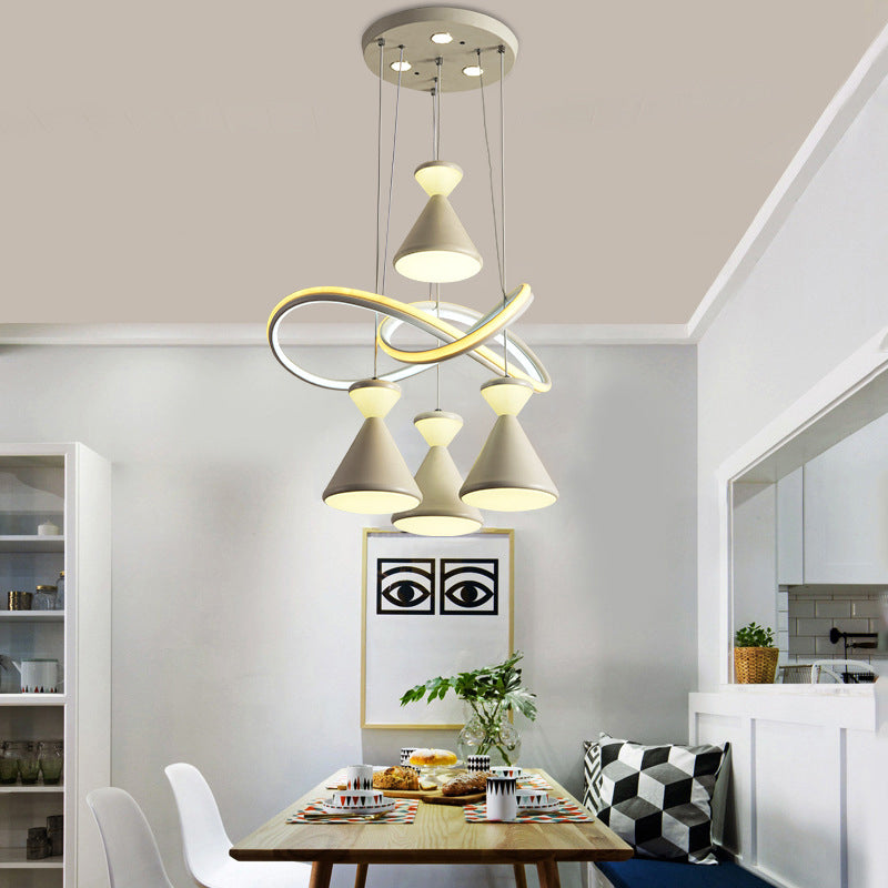 Contemporary White Led Cluster Pendant For Dining Room With 4 Lights And Hourglass Acrylic Shade
