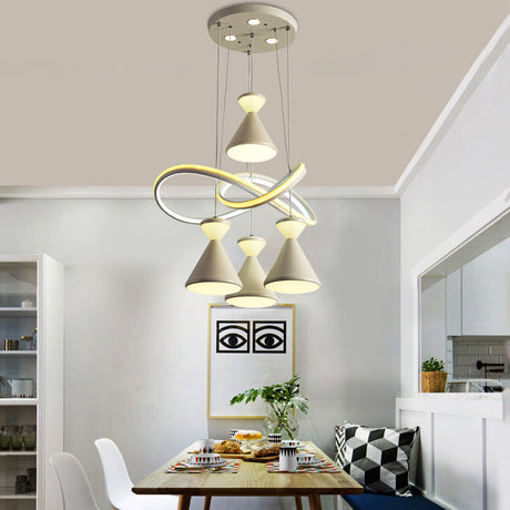 Contemporary White Led Cluster Pendant For Dining Room With 4 Lights And Hourglass Acrylic Shade