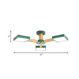 Modern Square Wood Semi Flush Mount Ceiling Lamp With 3 Radial Green Finish Lights