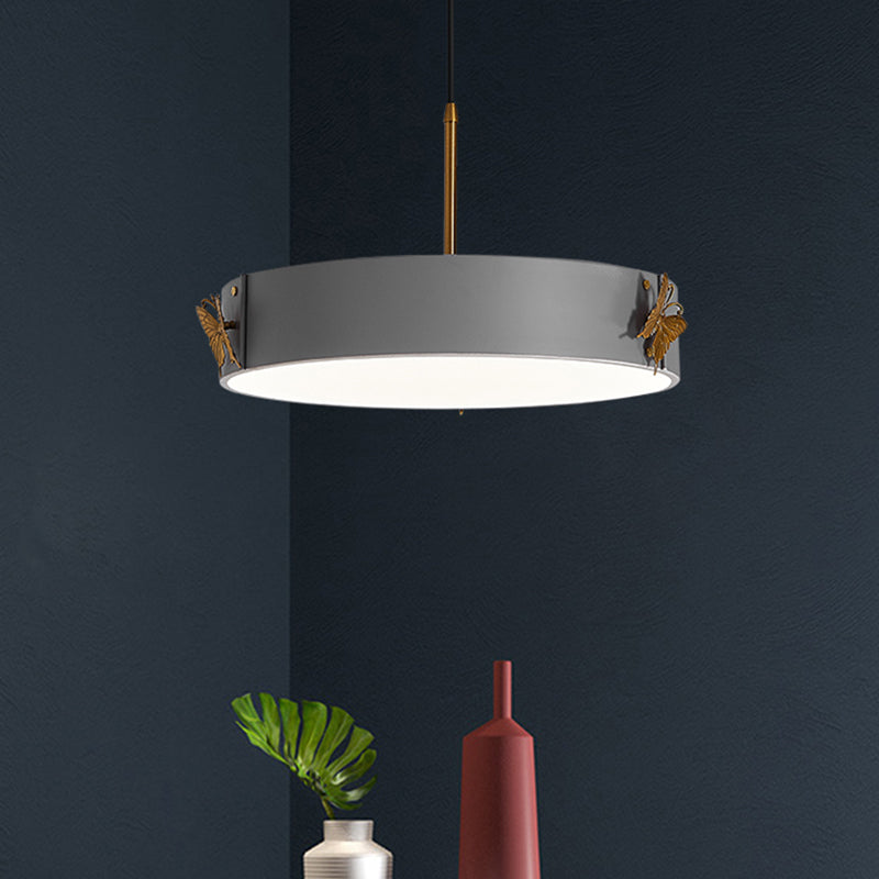Minimalist Grey Acrylic Led Drum Pendant Lamp With Butterfly Design