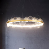 Gold Finish Led Ceiling Light With Textured Acrylic Shade - Modern Hoop Chandelier Pendant Lamp