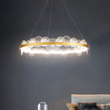Gold Finish Led Ceiling Light With Textured Acrylic Shade - Modern Hoop Chandelier Pendant Lamp