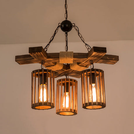 Tseen Kee - Vintage Wood Brown Chandelier Cylinder Pendant Light (3/6-Light)
