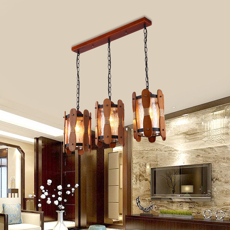 Yellow Water Glass Cluster Pendant - Retro 3 Head Dining Room Hanging Light Kit In Brown With Wood