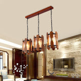 Yellow Water Glass Cluster Pendant - Retro 3 Head Dining Room Hanging Light Kit In Brown With Wood
