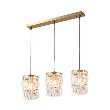 Modern Crystal Pendant Lamp With 3-Bulb Brass Finish Hanging Light Fixture And Linear/Round Canopy