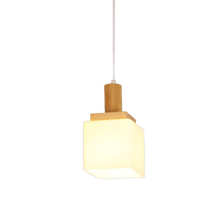 Modern Cube Cream Glass Pendant Light For Foyer - Wood Ceiling Lamp