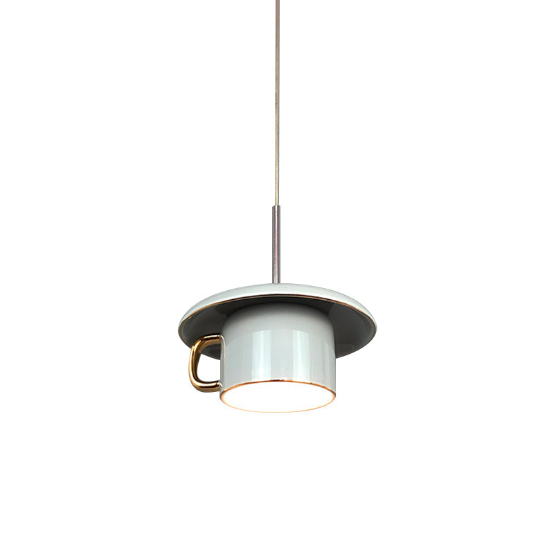 Macaron Ceramic Led Pendant Lamp - Coffee-Cup Shape Down Lighting 1 Bulb White/Pink/Grey Designs For