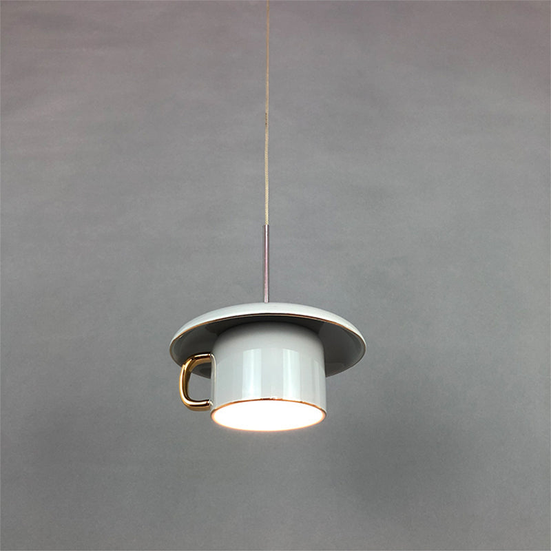 Macaron Ceramic Led Pendant Lamp - Coffee-Cup Shape Down Lighting 1 Bulb White/Pink/Grey Designs For