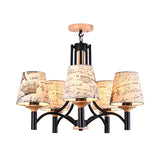 Modernist 5-Head Patterned Fabric Semi-Flush Mount Lamp In Black Barrel Design