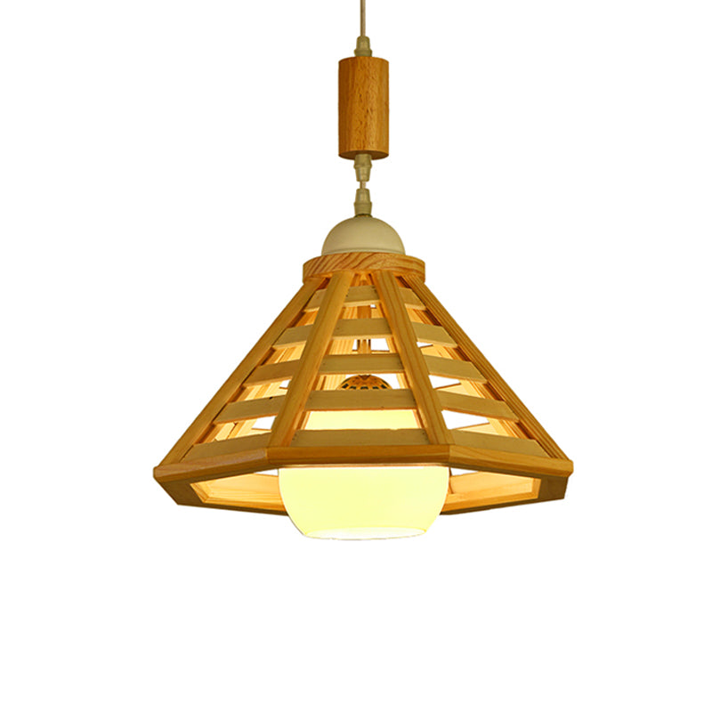 Modern Wood Pendant Light Fixture For Dining Room - Cone Cage Down Lighting 1 Beige Lamp