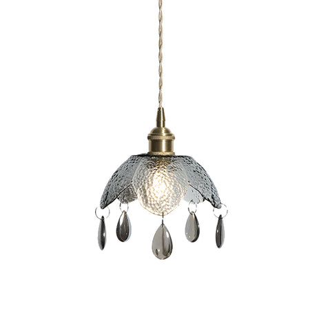 Vintage Brass Scalloped Bowl Pendant Lamp - Clear/Smoke Gray Water Glass 1 Bulb Hanging Lighting