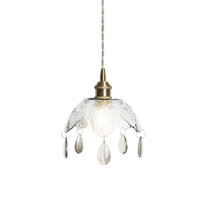 Vintage Brass Scalloped Bowl Pendant Lamp - Clear/Smoke Gray Water Glass 1 Bulb Hanging Lighting