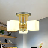 Modern Cube 3-Light Glass & Wood Ceiling Lamp White