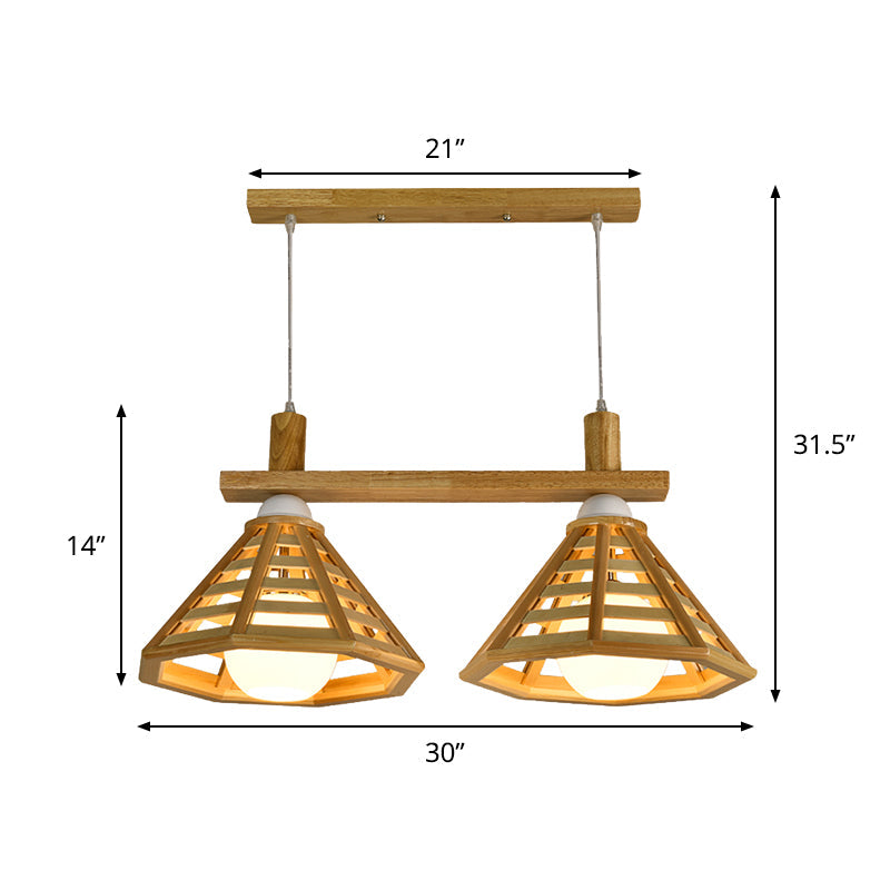 Modernist 2-Bulb Beige Polygon Pendant Lamp With Wood Shade