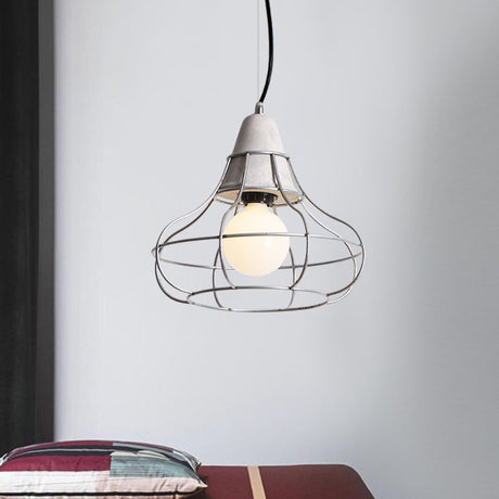 Industrial Silver Cylinder Pendant Light Fixture With Iron Head And Cage Design