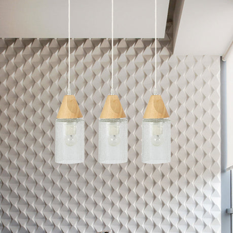 Modern 3-Bulb Wood Suspension Lamp: Clear Cracked Glass Tube Pendant For Dining Room