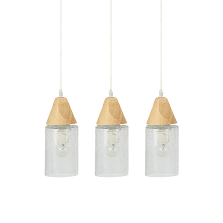 Modern 3-Bulb Wood Suspension Lamp: Clear Cracked Glass Tube Pendant For Dining Room