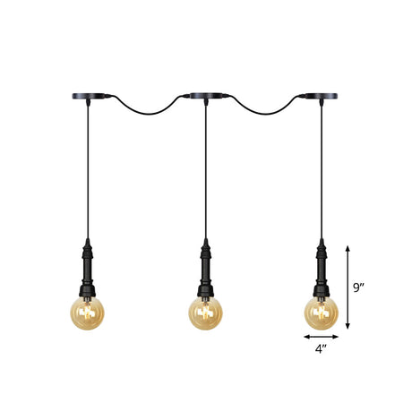 Vintage Amber Glass Ball Pendant Light - Tandem Led Ceiling Lamp In Black (3/5/7-Light)