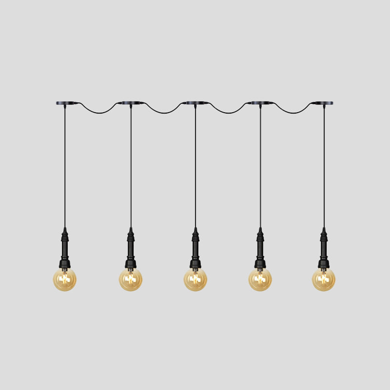 Vintage Amber Glass Ball Pendant Light - Tandem Led Ceiling Lamp In Black (3/5/7-Light)