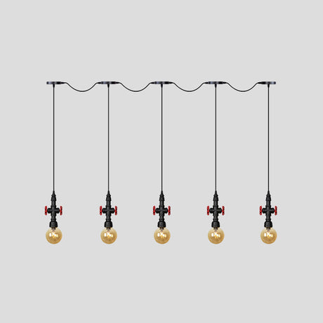 Antiqued Sphere Chandelier With Led Lights - 3/5/7-Bulb Amber Glass Pendant In Black