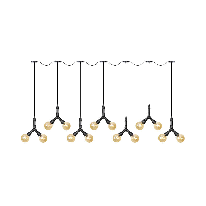 Vintage Sphere Led Pendant Light Fixture: 6/10/14-Bulb Amber Glass Swag Hanging In Black