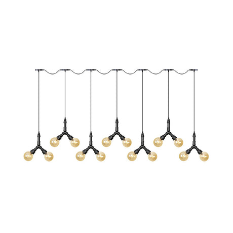 Vintage Sphere Led Pendant Light Fixture: 6/10/14-Bulb Amber Glass Swag Hanging In Black