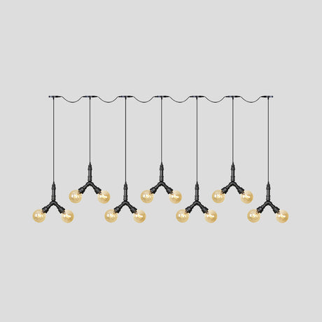 Vintage Sphere Led Pendant Light Fixture: 6/10/14-Bulb Amber Glass Swag Hanging In Black