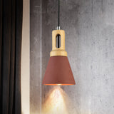 Vintage 1-Light Cement Hanging Pendant Lamp With Wood Bell Bar - Black/Grey/Red