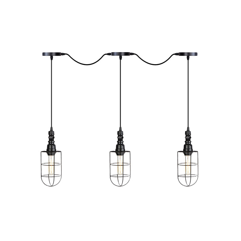 3/5/7-Head Iron Tandem Ceiling Light In Rustic Black Finish With Wire Cage - Perfect For Restaurants