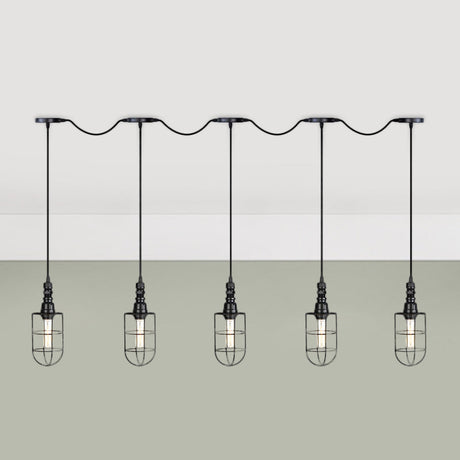 3/5/7-Head Iron Tandem Ceiling Light In Rustic Black Finish With Wire Cage - Perfect For Restaurants