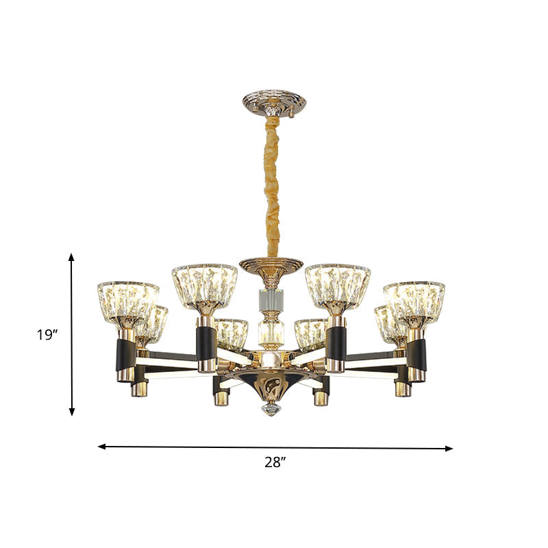 Black And Gold Rectangle Crystal Led Chandelier With 6/8 Bowl-Shaped Suspension Lights