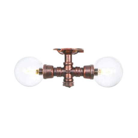 Antiqued Led Flush Mount Lamp With 2 Lights - Clear Glass & Copper Semi Lighting Ball