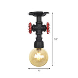 Amber Glass Semi Flush Industrial Ceiling Lamp - Global Black Finish