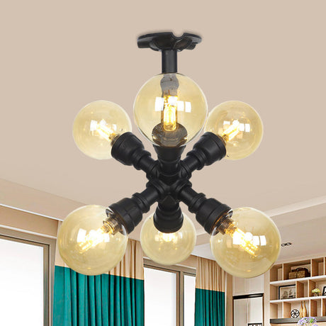 Industrial Black Ball Semi-Flush Ceiling Light - Amber Glass Led Flushmount (4/5/6-Light) / D