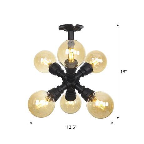 Industrial Black Ball Semi-Flush Ceiling Light - Amber Glass Led Flushmount (4/5/6-Light)